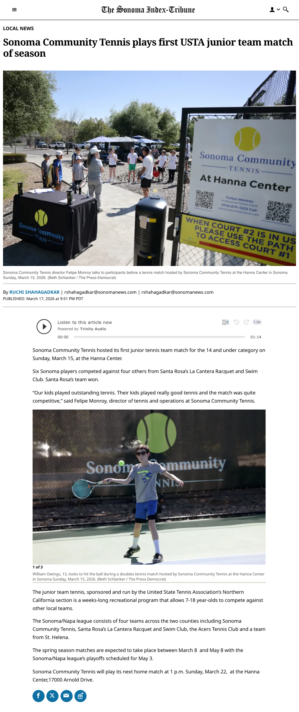 Sonoma Index-Tribune: SCT plays first USTA junior team match