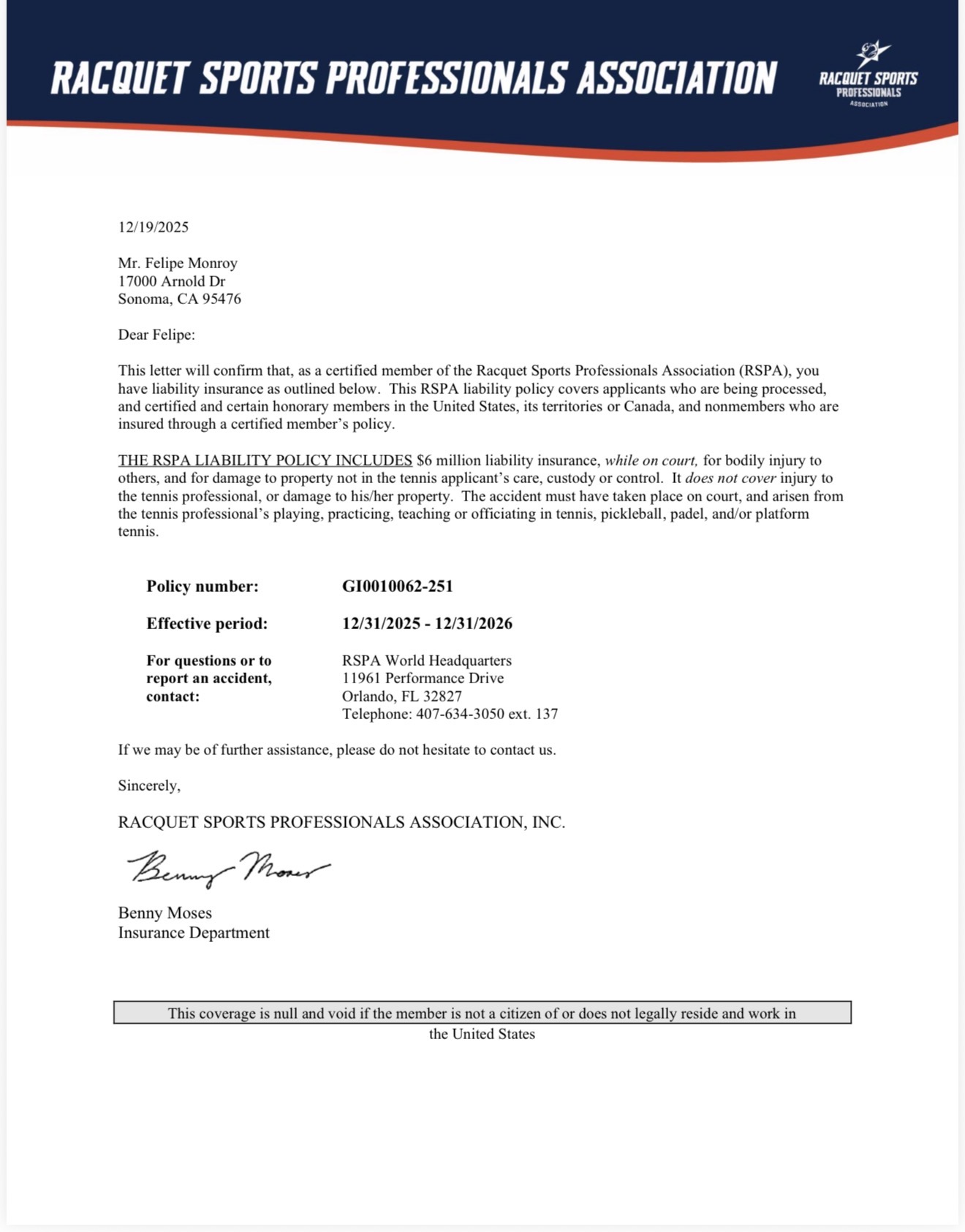 RSPA Liability Insurance Letter