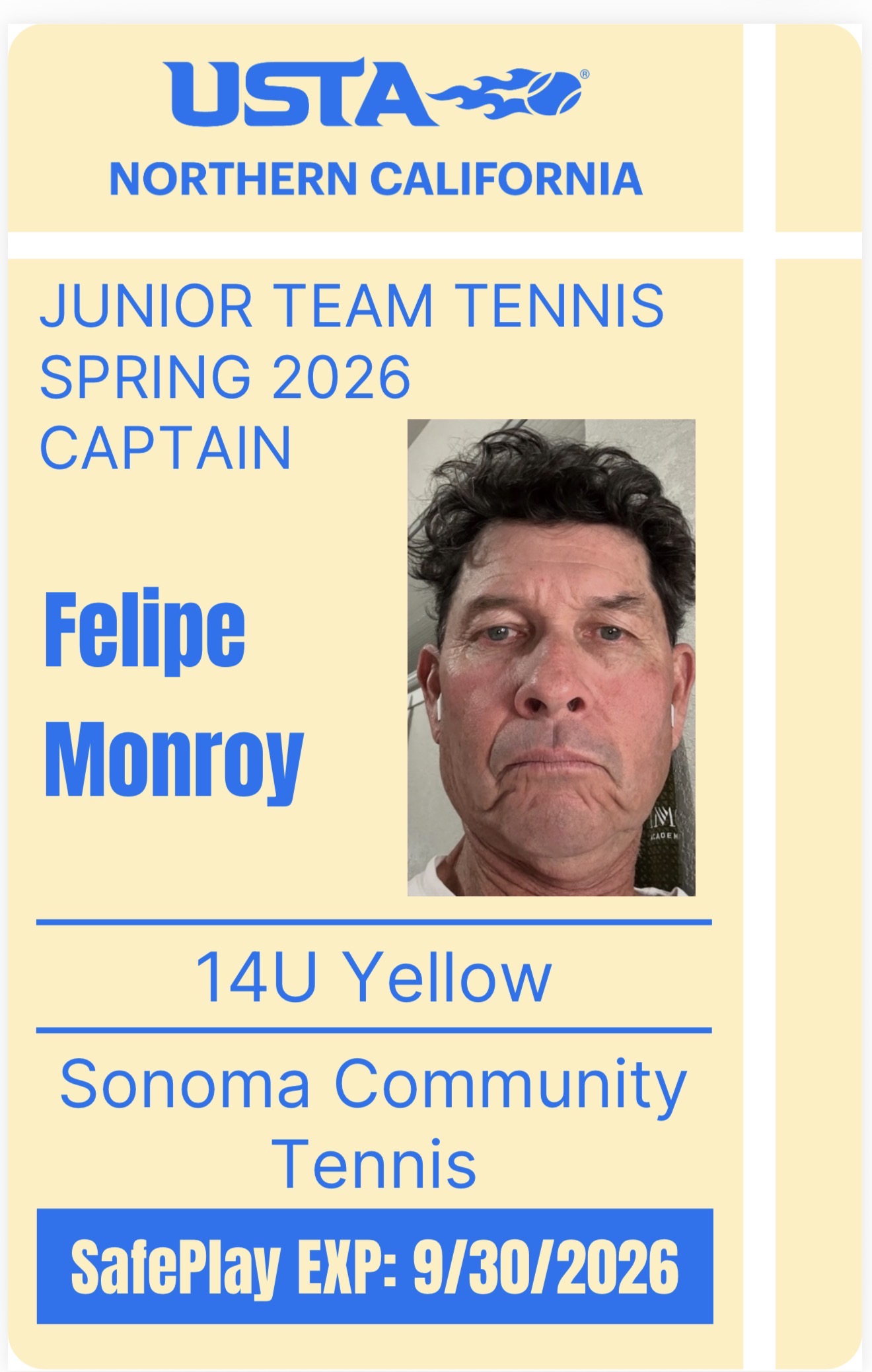 USTA NorCal Captain Card — Felipe Monroy