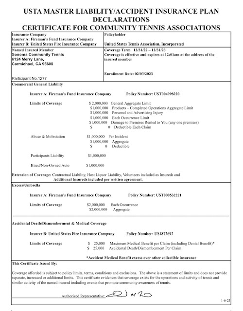 USTA Master Liability Insurance Certificate