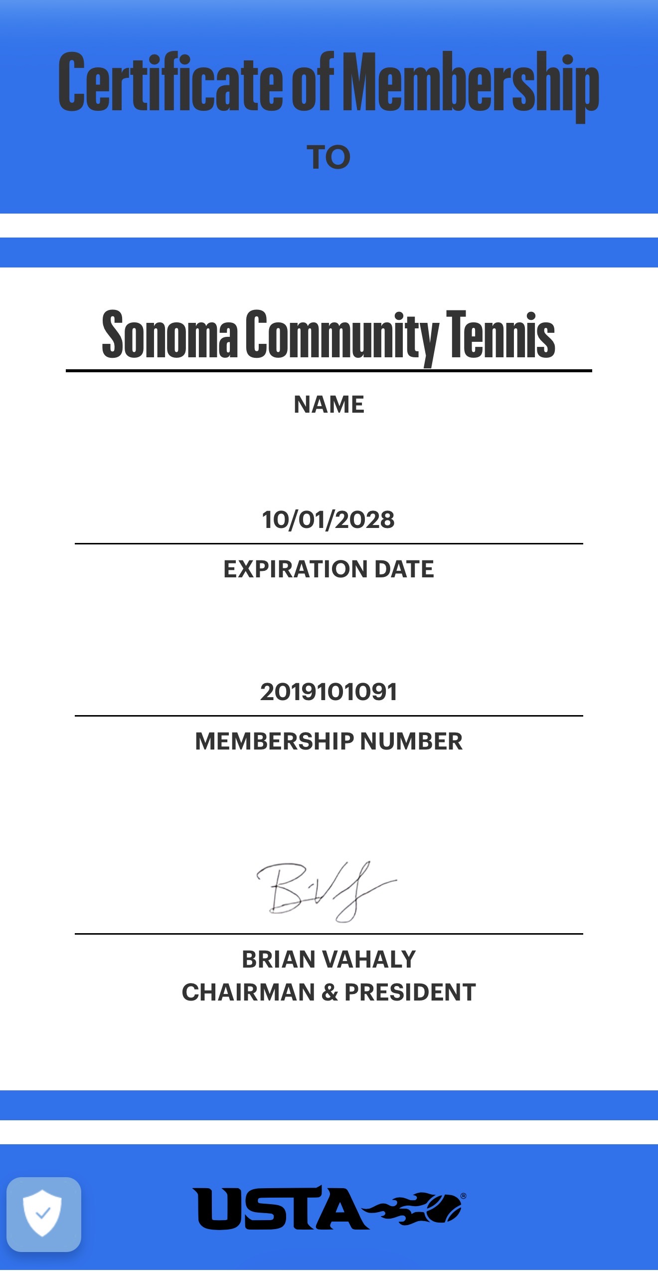 USTA Certificate of Membership